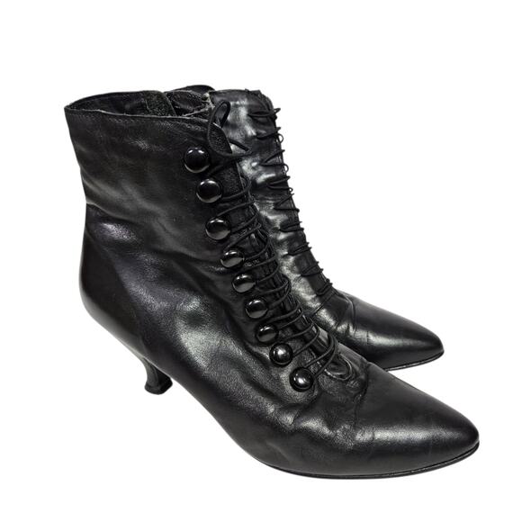 Vintage Poppies Leather Granny Boots Black Ankle Booties Pointy Kitten Heel 7.5 - Picture 16 of 16